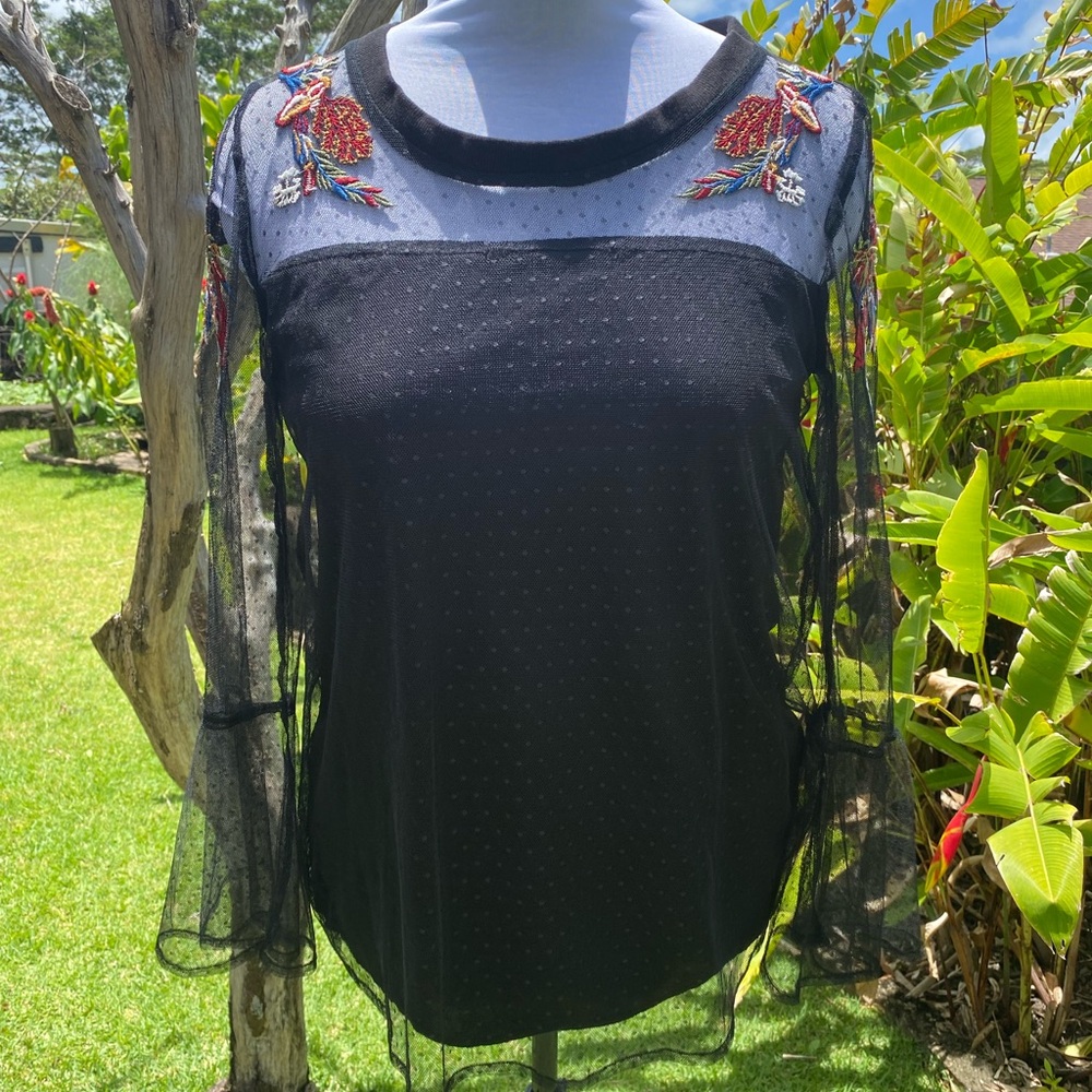Black Lace Embroidered Long Sleeve Top